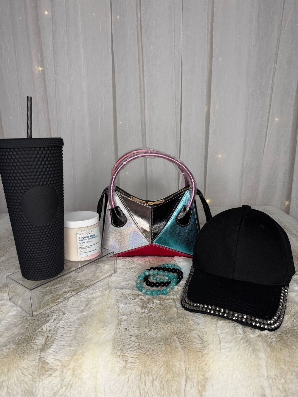 Iridescent Colorblock Mini Top-Handle/Crossbody Bag in Pink,Teal & Silver Bundle